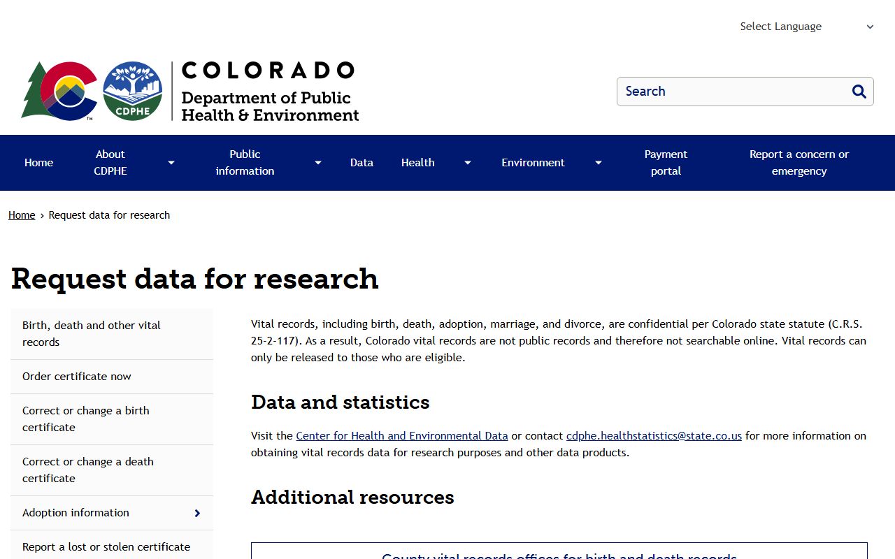 CDPHE confidentiality statement for Colorado vital records