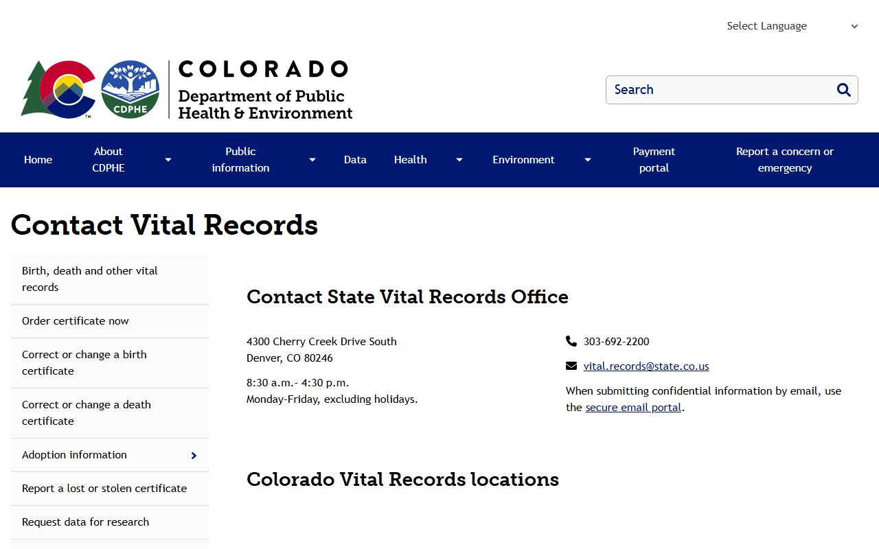 CDPHE contact page with address and phone information