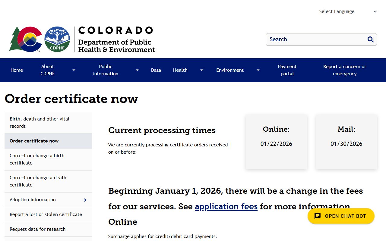 CDPHE order page showing current processing times for Colorado marriage verifications