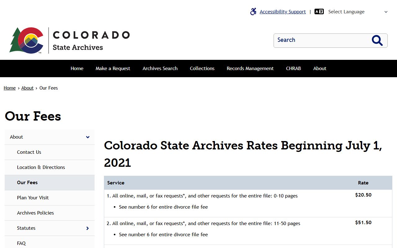 Colorado State Archives fee schedule for marriage records