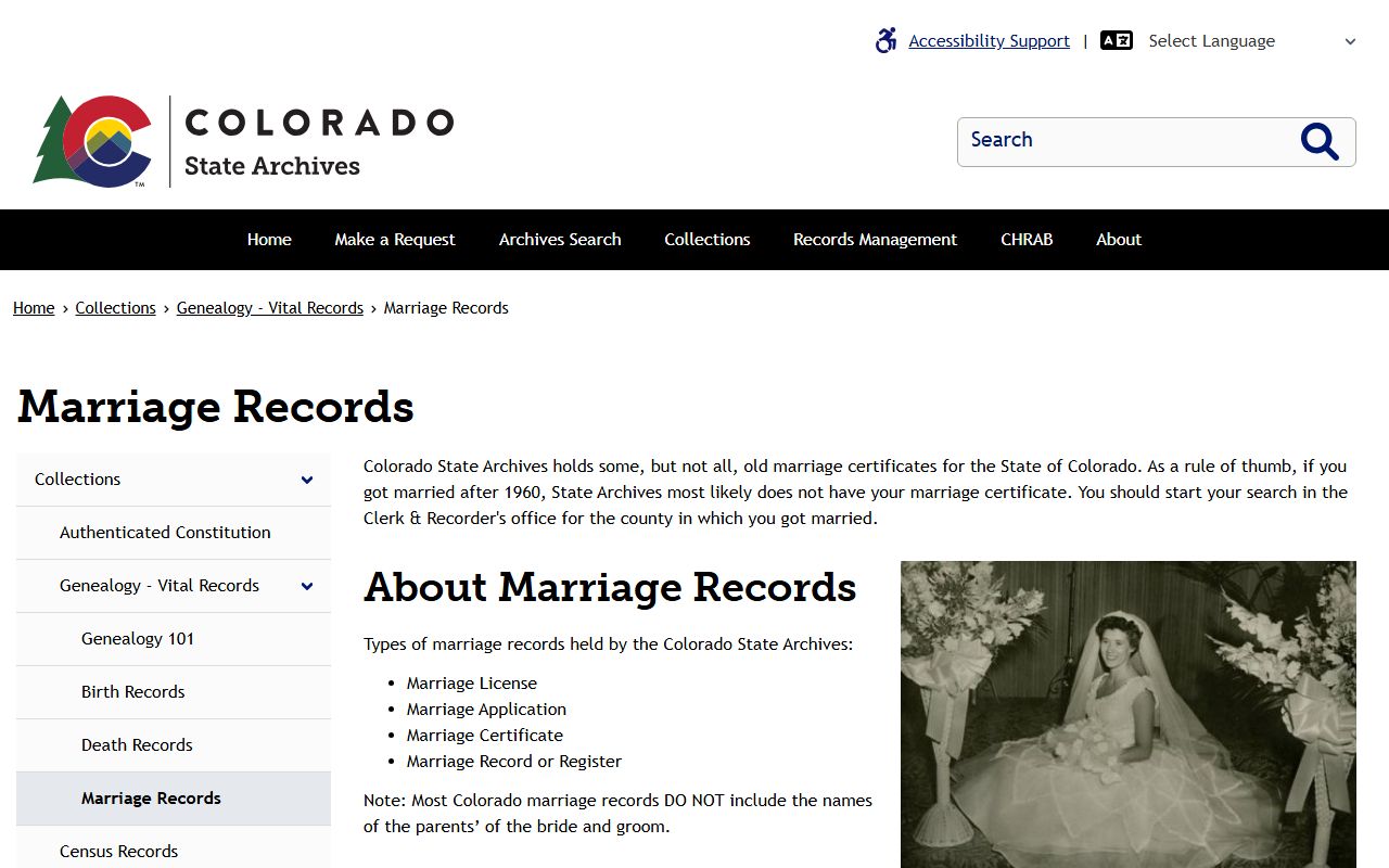 Colorado State Archives marriage records collection information